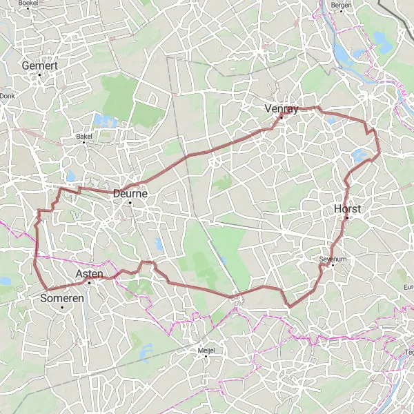 Map miniature of "Sloot and Venray Gravel Cycling Route" cycling inspiration in Limburg (NL), Netherlands. Generated by Tarmacs.app cycling route planner