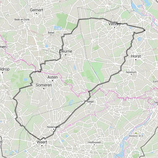 Miniatuurkaart van de fietsinspiratie "Tocht langs Vlierden en Meerlo" in Limburg (NL), Netherlands. Gemaakt door de Tarmacs.app fietsrouteplanner