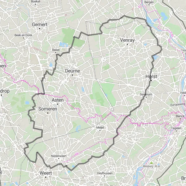 Map miniature of "Horst and Overloon Road Cycling Route" cycling inspiration in Limburg (NL), Netherlands. Generated by Tarmacs.app cycling route planner