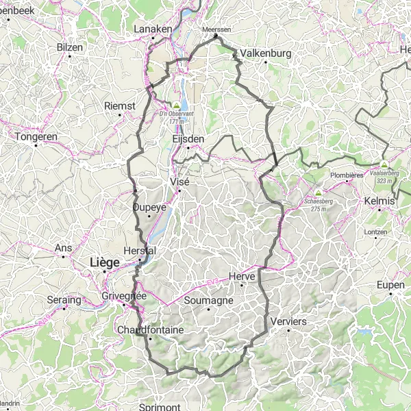 Map miniature of "Challenging Road Route through Geulhem and Meerssen" cycling inspiration in Limburg (NL), Netherlands. Generated by Tarmacs.app cycling route planner