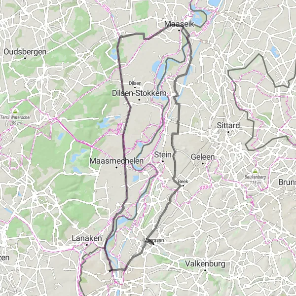 Map miniature of "The Hilly Loop" cycling inspiration in Limburg (NL), Netherlands. Generated by Tarmacs.app cycling route planner