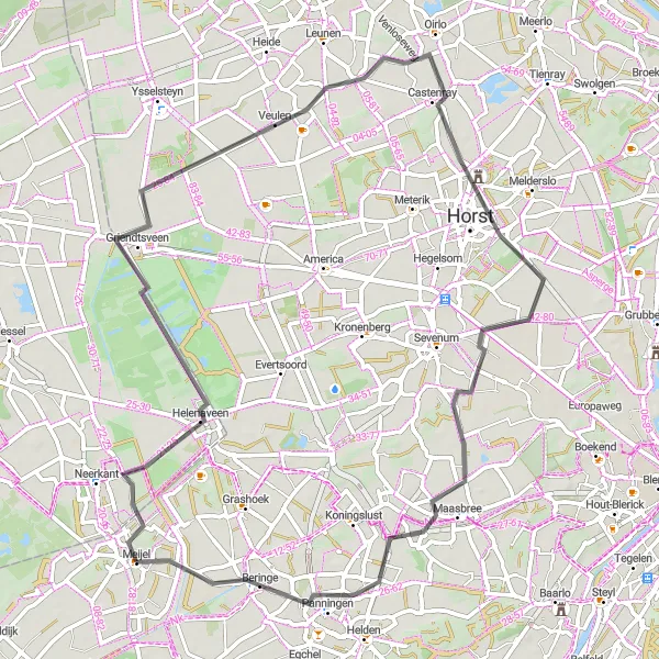 Miniatuurkaart van de fietsinspiratie "Wegroute door Helenaveen en Castenray" in Limburg (NL), Netherlands. Gemaakt door de Tarmacs.app fietsrouteplanner