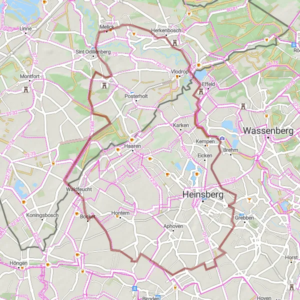 Map miniature of "Gravel Bike Route: Herkenbosch to Melick" cycling inspiration in Limburg (NL), Netherlands. Generated by Tarmacs.app cycling route planner