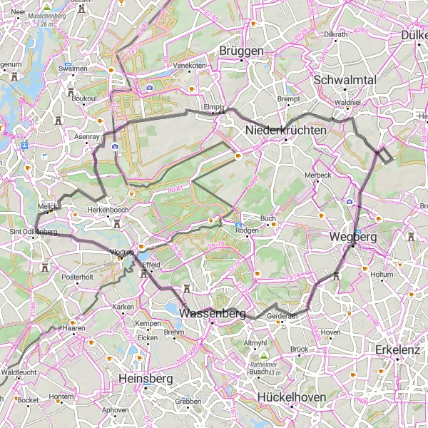 Map miniature of "Road Bike Route: Melick to Paarlo" cycling inspiration in Limburg (NL), Netherlands. Generated by Tarmacs.app cycling route planner