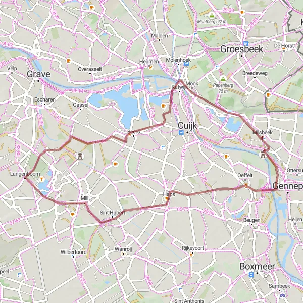 Map miniature of "Haps Gravel Adventure" cycling inspiration in Limburg (NL), Netherlands. Generated by Tarmacs.app cycling route planner