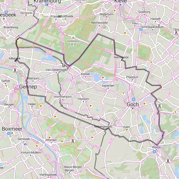 Map miniature of "Road Cycling Exploration near Milsbeek" cycling inspiration in Limburg (NL), Netherlands. Generated by Tarmacs.app cycling route planner