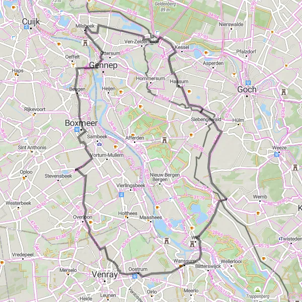 Map miniature of "Siebengewald Road Route" cycling inspiration in Limburg (NL), Netherlands. Generated by Tarmacs.app cycling route planner