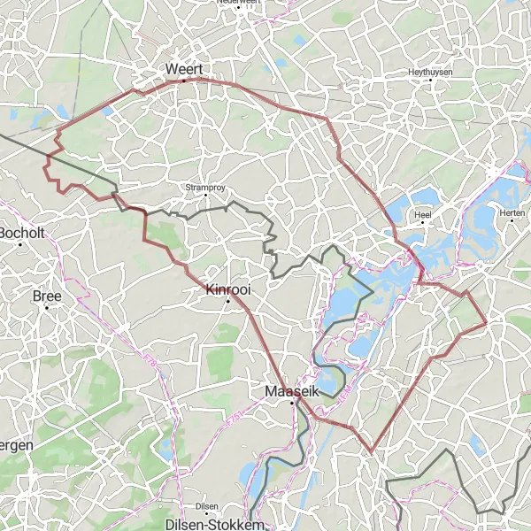Map miniature of "Maaseik and Brachterbeek Gravel Adventure" cycling inspiration in Limburg (NL), Netherlands. Generated by Tarmacs.app cycling route planner