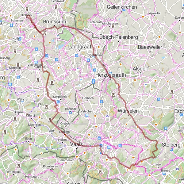 Map miniature of "Off-Road Adventure through Oirsbeek" cycling inspiration in Limburg (NL), Netherlands. Generated by Tarmacs.app cycling route planner