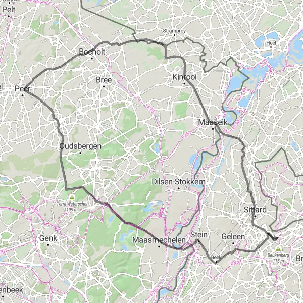 Miniatuurkaart van de fietsinspiratie "104 km Sittard Avontuur" in Limburg (NL), Netherlands. Gemaakt door de Tarmacs.app fietsrouteplanner