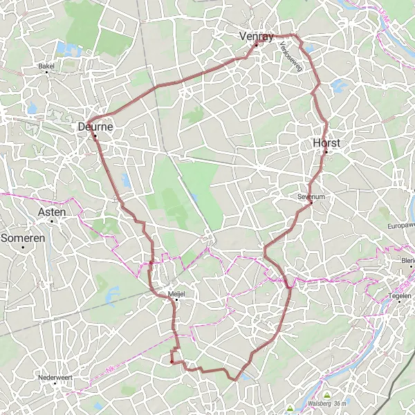 Miniatuurkaart van de fietsinspiratie "Gravel Avontuur door Noord-Limburg" in Limburg (NL), Netherlands. Gemaakt door de Tarmacs.app fietsrouteplanner