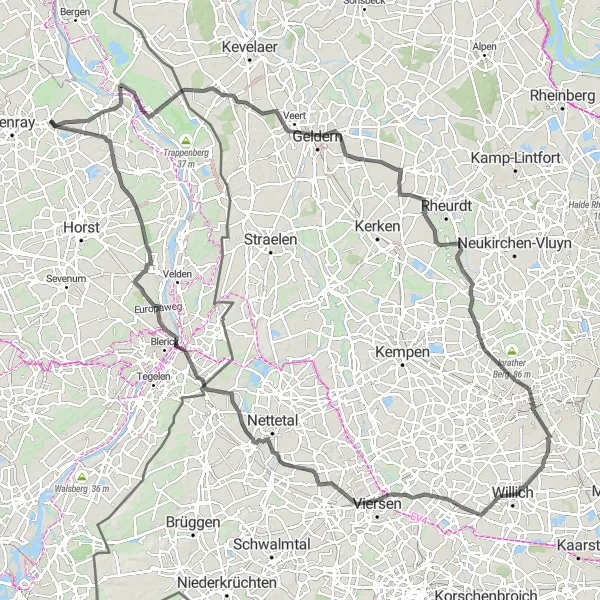 Map miniature of "Geldern and Beyond" cycling inspiration in Limburg (NL), Netherlands. Generated by Tarmacs.app cycling route planner