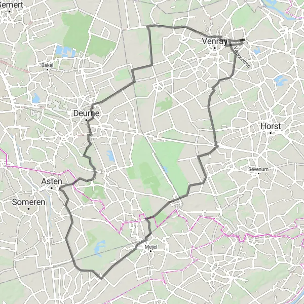 Miniatuurkaart van de fietsinspiratie "Wegavontuur door Noord-Limburg" in Limburg (NL), Netherlands. Gemaakt door de Tarmacs.app fietsrouteplanner