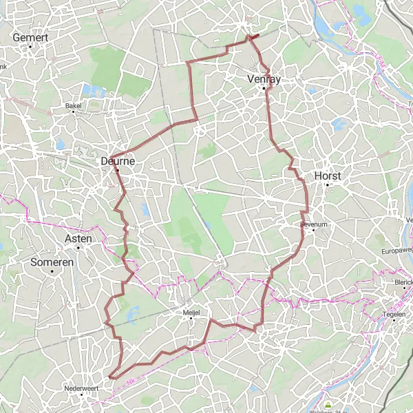 Map miniature of "Scenic Gravel Route to Ysselsteyn" cycling inspiration in Limburg (NL), Netherlands. Generated by Tarmacs.app cycling route planner