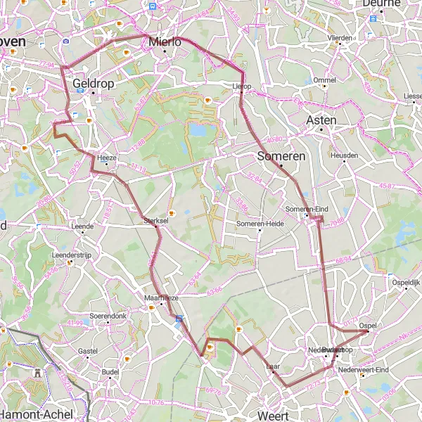 Map miniature of "Adventurous Gravel Route to Mierlo" cycling inspiration in Limburg (NL), Netherlands. Generated by Tarmacs.app cycling route planner