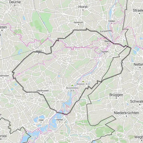 Map miniature of "Ospel to De Vossenberg" cycling inspiration in Limburg (NL), Netherlands. Generated by Tarmacs.app cycling route planner