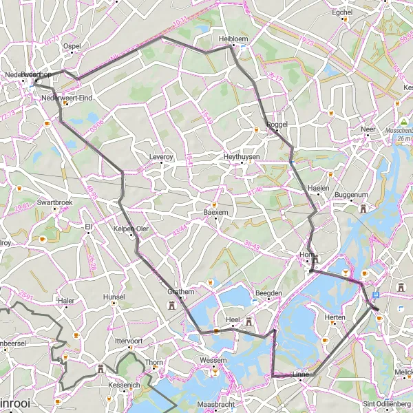 Map miniature of "Ospel to Nederweert-Eind" cycling inspiration in Limburg (NL), Netherlands. Generated by Tarmacs.app cycling route planner