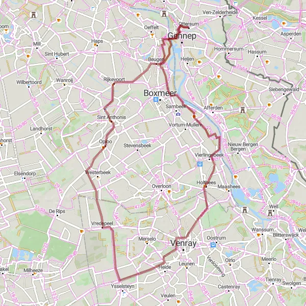 Miniatuurkaart van de fietsinspiratie "Gravelroute door Smakt, Vredepeel, Ledeacker en Beugen" in Limburg (NL), Netherlands. Gemaakt door de Tarmacs.app fietsrouteplanner