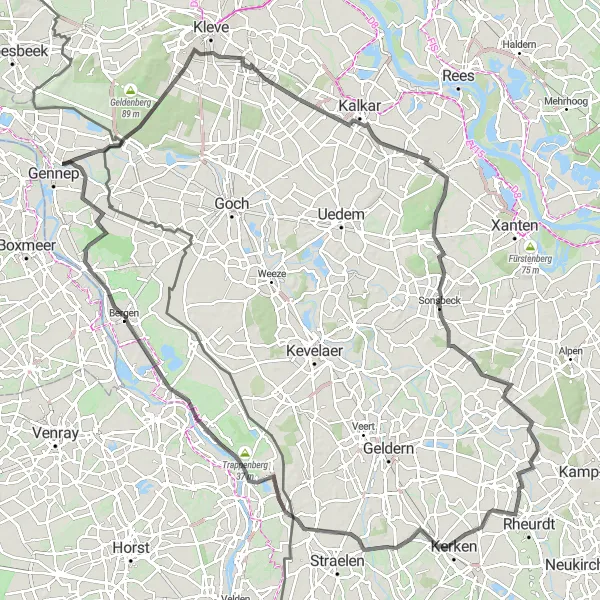 Miniatuurkaart van de fietsinspiratie "Wegroute langs Papenberg, Monreberg, Sonsbeck en Ottersum" in Limburg (NL), Netherlands. Gemaakt door de Tarmacs.app fietsrouteplanner