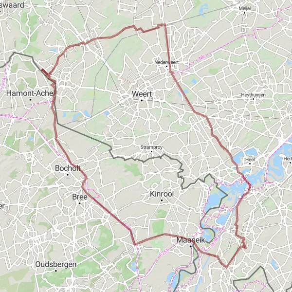 Miniatuurkaart van de fietsinspiratie "Peij - Maaseik - Beek - Soerendonk - Sluis 13 - Panheel - Echt - Peij" in Limburg (NL), Netherlands. Gemaakt door de Tarmacs.app fietsrouteplanner