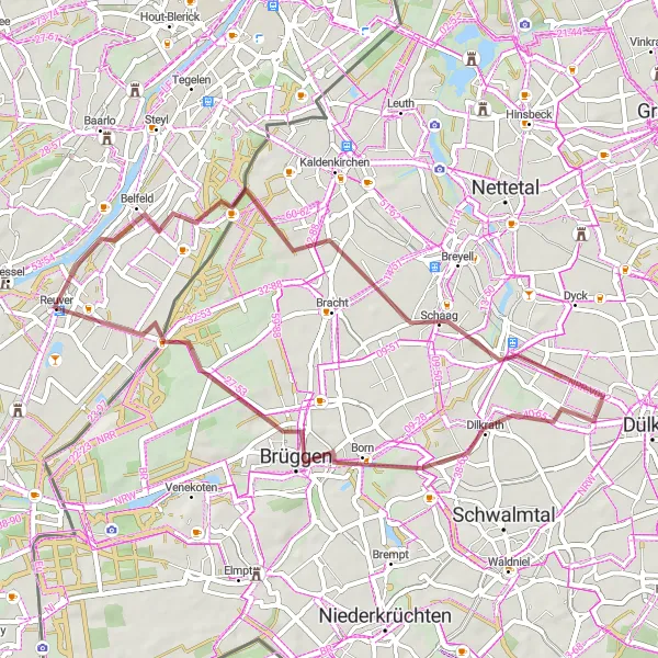 Map miniature of "Belfeld and Brüggen Gravel Route" cycling inspiration in Limburg (NL), Netherlands. Generated by Tarmacs.app cycling route planner