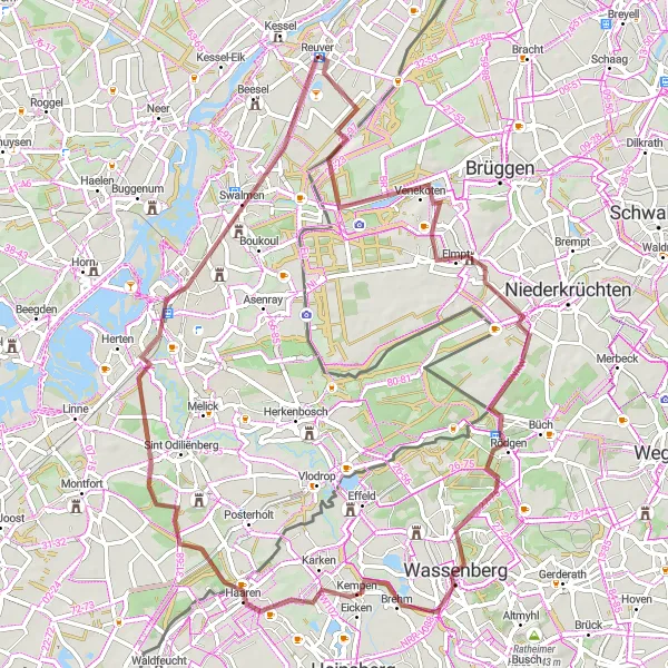 Map miniature of "Bockler Berg and Roermond Gravel Route" cycling inspiration in Limburg (NL), Netherlands. Generated by Tarmacs.app cycling route planner