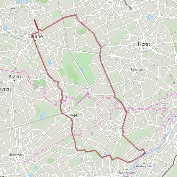 Map miniature of "Deurne and Helden Gravel Cycle Route" cycling inspiration in Limburg (NL), Netherlands. Generated by Tarmacs.app cycling route planner