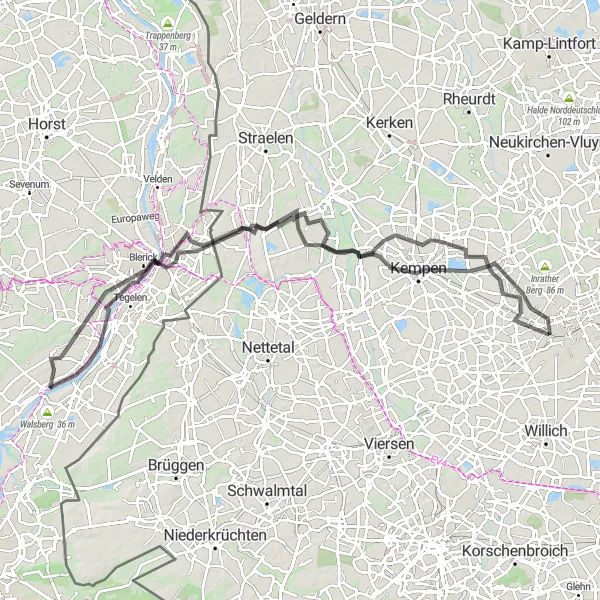 Map miniature of "Uitkijktoren Baarlo and Kempen Road Route" cycling inspiration in Limburg (NL), Netherlands. Generated by Tarmacs.app cycling route planner