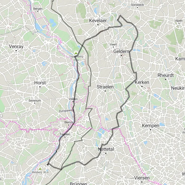 Map miniature of "Belfeld and Arcen Road Route" cycling inspiration in Limburg (NL), Netherlands. Generated by Tarmacs.app cycling route planner