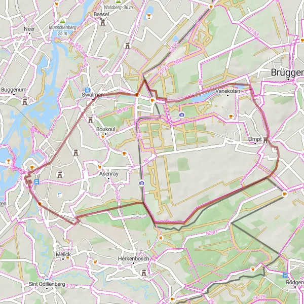 Miniatuurkaart van de fietsinspiratie "Gravelroute rond Roermond via Swalmen, Overhetfeld en Bohlensteg" in Limburg (NL), Netherlands. Gemaakt door de Tarmacs.app fietsrouteplanner