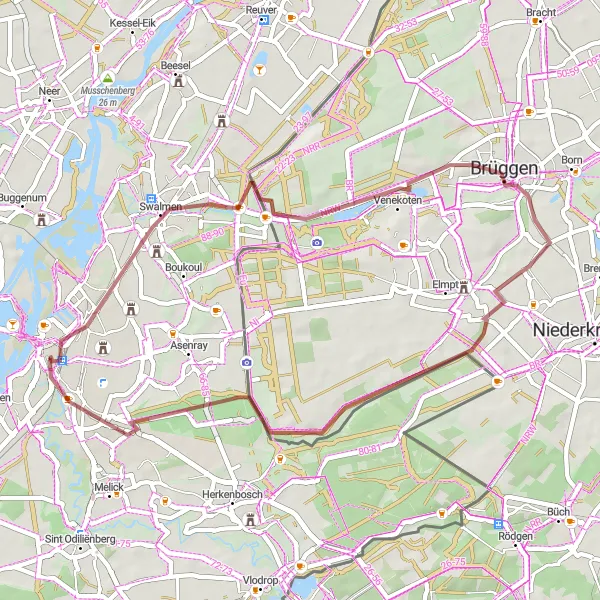 Miniatuurkaart van de fietsinspiratie "Gravelroute vanuit Roermond langs Bohlensteg en Brüggener Mühle" in Limburg (NL), Netherlands. Gemaakt door de Tarmacs.app fietsrouteplanner