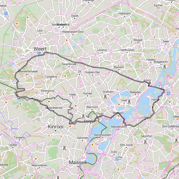 Miniatuurkaart van de fietsinspiratie "Ontspannen wegroute rond Roermond via Brachterbeek, Zorgvlietmolen en Horn" in Limburg (NL), Netherlands. Gemaakt door de Tarmacs.app fietsrouteplanner