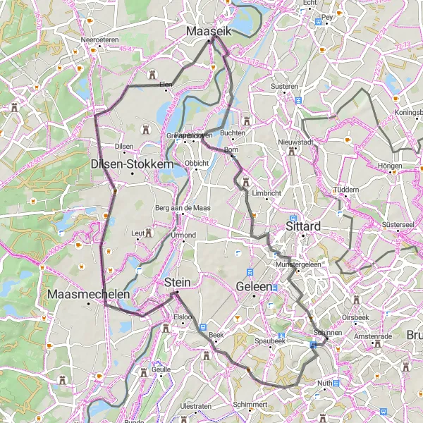 Map miniature of "Through Hills and Villages" cycling inspiration in Limburg (NL), Netherlands. Generated by Tarmacs.app cycling route planner