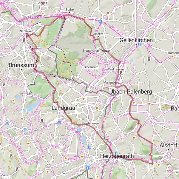 Map miniature of "Rural Gravel Tour from Schinveld" cycling inspiration in Limburg (NL), Netherlands. Generated by Tarmacs.app cycling route planner