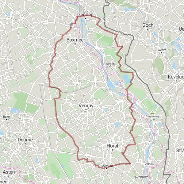 Miniatuurkaart van de fietsinspiratie "Gravelavontuur via De Hees en Blitterswijck" in Limburg (NL), Netherlands. Gemaakt door de Tarmacs.app fietsrouteplanner