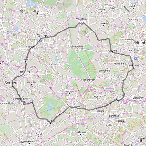 Map miniature of "Meijel and Groote Peel Road Cycling Tour" cycling inspiration in Limburg (NL), Netherlands. Generated by Tarmacs.app cycling route planner