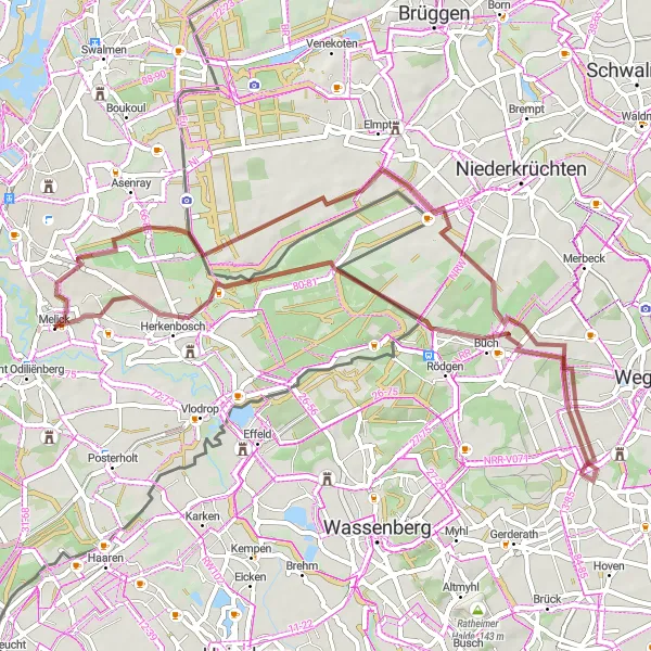 Miniatuurkaart van de fietsinspiratie "Gravelroute rond Sint Odiliënberg" in Limburg (NL), Netherlands. Gemaakt door de Tarmacs.app fietsrouteplanner