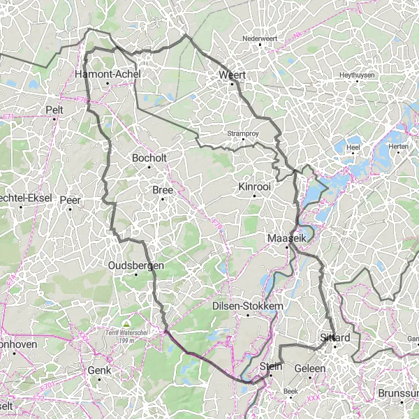 Map miniature of "Sittard - Maasmechelen - Weert" cycling inspiration in Limburg (NL), Netherlands. Generated by Tarmacs.app cycling route planner