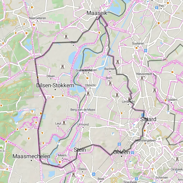 Map miniature of "Geleen and Elen Loop" cycling inspiration in Limburg (NL), Netherlands. Generated by Tarmacs.app cycling route planner