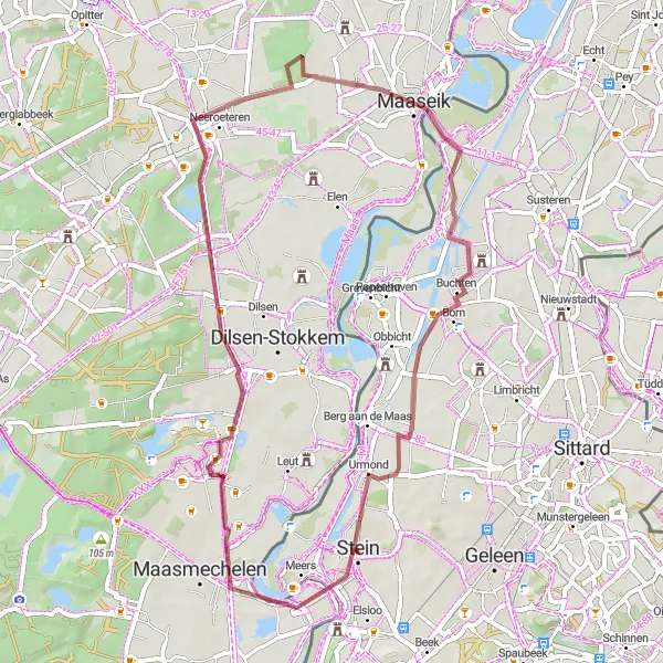 Map miniature of "Stein - "Tank" LVT Buffalo Amphibian Mark IV - Lanklaar - Maaseik - Graetheide - Stein" cycling inspiration in Limburg (NL), Netherlands. Generated by Tarmacs.app cycling route planner