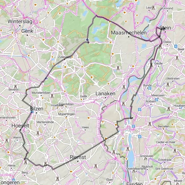 Map miniature of "Stein - Kasteel Geulle - De Krul - Landmark Sieberg - Alt-Hoeselt - Hesselsberg - Cycling through the Heathland - Maasmechelen" cycling inspiration in Limburg (NL), Netherlands. Generated by Tarmacs.app cycling route planner