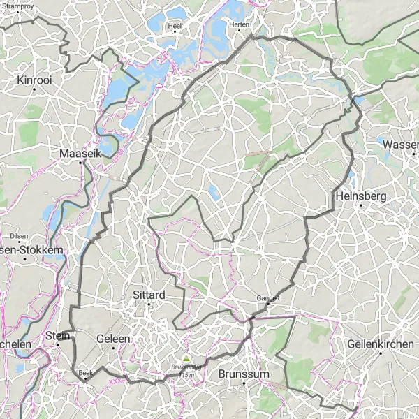 Map miniature of "Stein - Graetheide - Baakhoven - Linne - Herkenbosch - Merkelbeek - Stein" cycling inspiration in Limburg (NL), Netherlands. Generated by Tarmacs.app cycling route planner