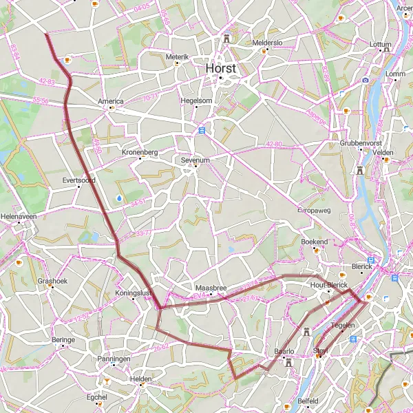 Miniatuurkaart van de fietsinspiratie "Gravelavontuur in Noord-Limburg" in Limburg (NL), Netherlands. Gemaakt door de Tarmacs.app fietsrouteplanner