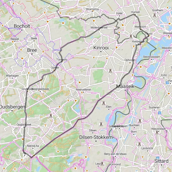 Map miniature of "Thorn Geistingen Road Route" cycling inspiration in Limburg (NL), Netherlands. Generated by Tarmacs.app cycling route planner