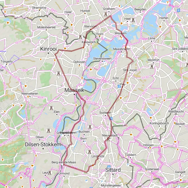 Map miniature of "Maaseik Gravel Adventure" cycling inspiration in Limburg (NL), Netherlands. Generated by Tarmacs.app cycling route planner