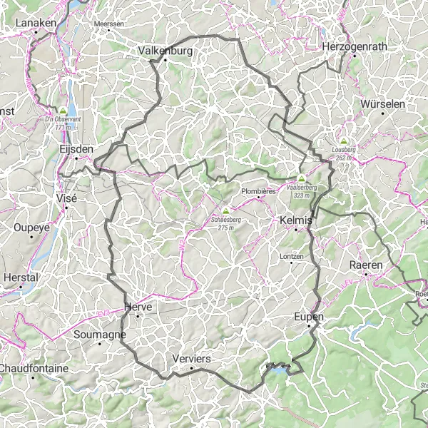 Miniatuurkaart van de fietsinspiratie "Panoramisch Valkenburg en Verviers Fietstocht" in Limburg (NL), Netherlands. Gemaakt door de Tarmacs.app fietsrouteplanner