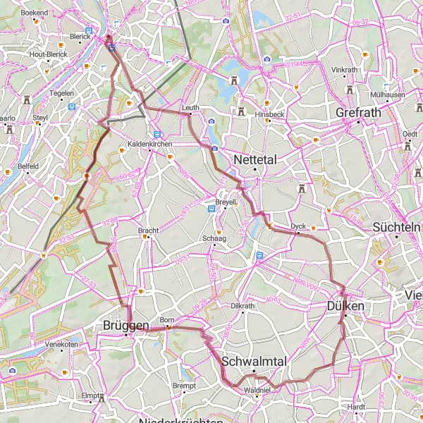 Map miniature of "Venlo Gravel Adventure" cycling inspiration in Limburg (NL), Netherlands. Generated by Tarmacs.app cycling route planner