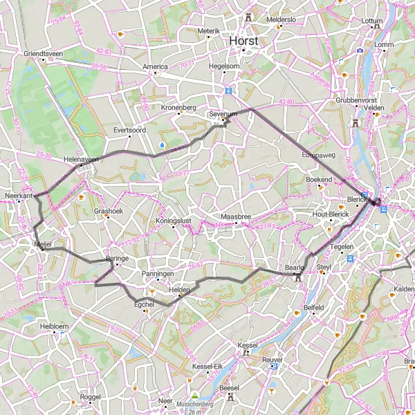 Miniatuurkaart van de fietsinspiratie "Route van Baarlo naar Fort Sint-Michiel" in Limburg (NL), Netherlands. Gemaakt door de Tarmacs.app fietsrouteplanner