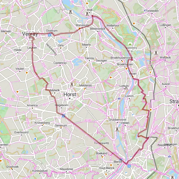 Map miniature of "Arcen and Venlo Gravel Circuit" cycling inspiration in Limburg (NL), Netherlands. Generated by Tarmacs.app cycling route planner
