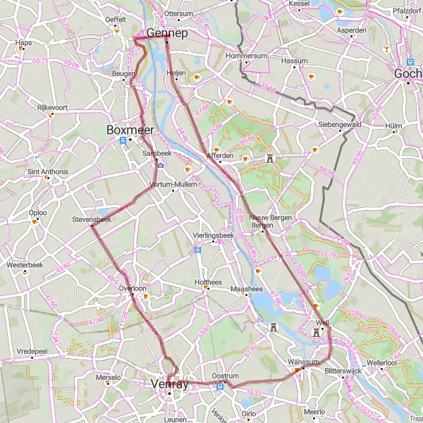 Miniatuurkaart van de fietsinspiratie "Gravelroute Venray - Oostrum" in Limburg (NL), Netherlands. Gemaakt door de Tarmacs.app fietsrouteplanner
